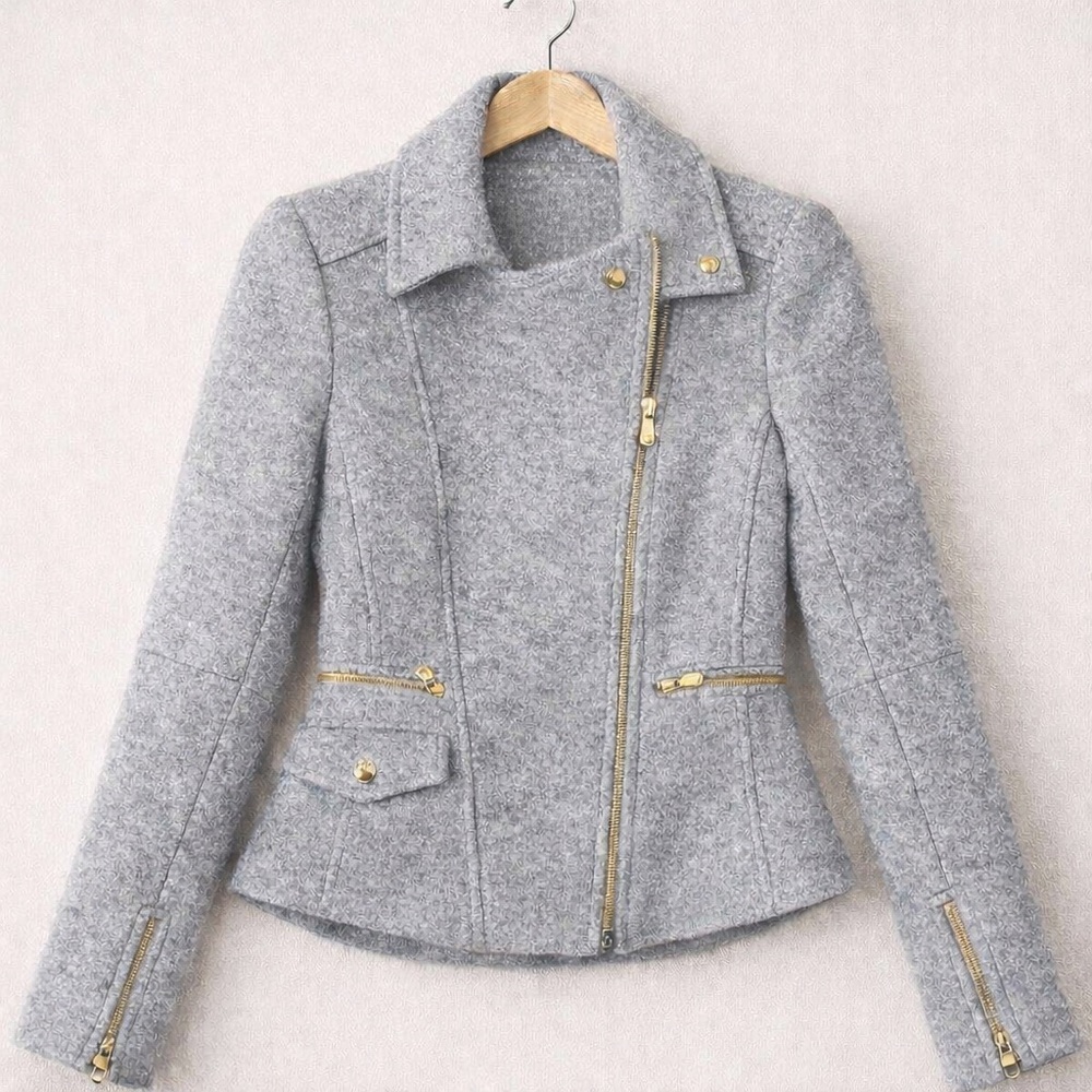 Banana Republic Light Gray Wool-Blend Asymmetrical Zip Blazer